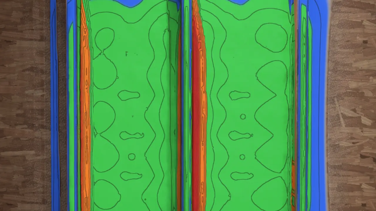 Thickness overlay: under / in band / over the target, with contour lines. Real-time simulation capture.